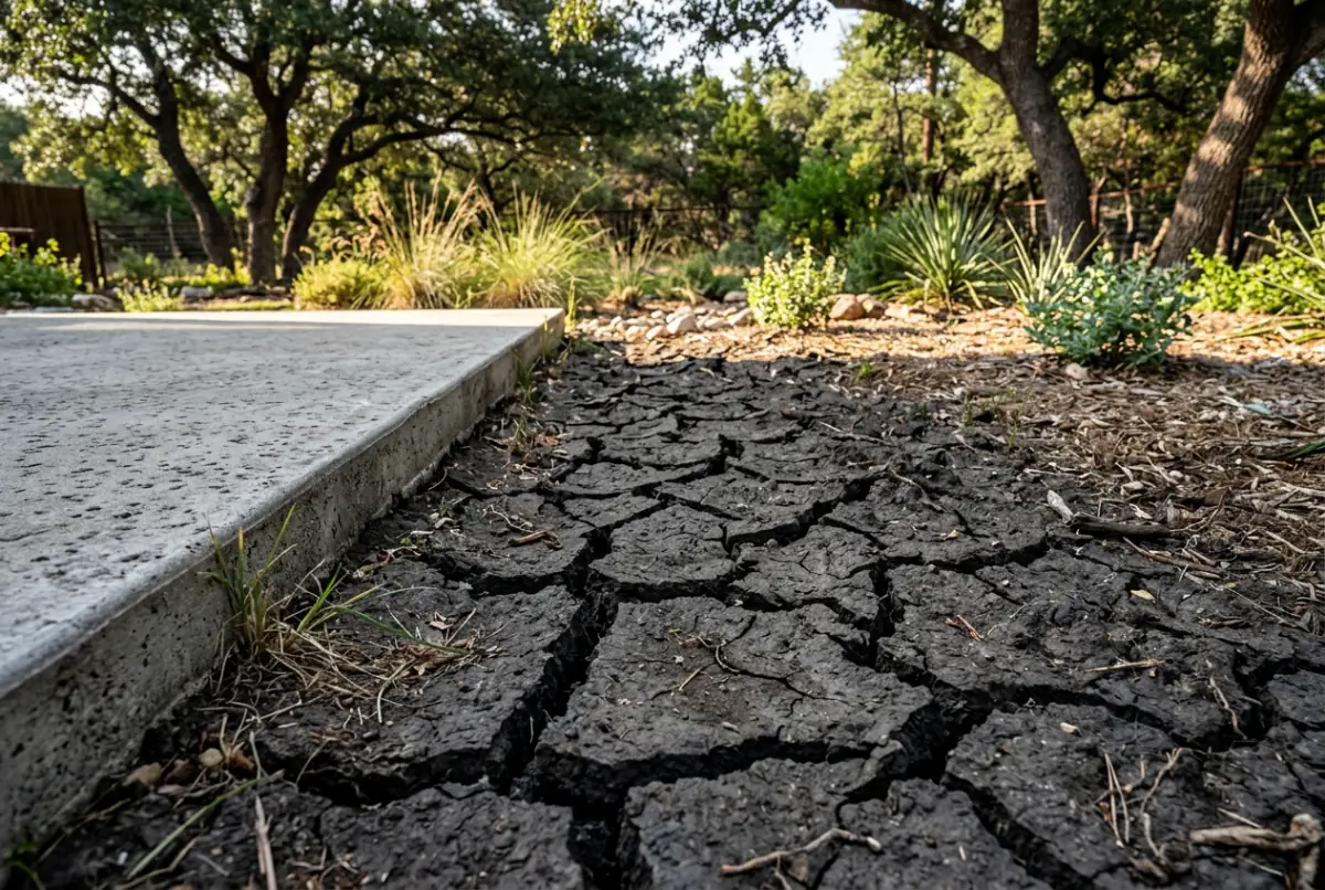 Dry clay soil split into deep cracks in a shaded Hays County backyard