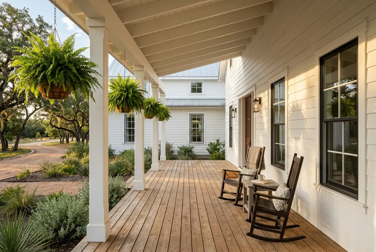 Covered wood front porch with white posts, ferns and rocking chairs on a Hill Country home